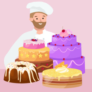 Confectioner cook chef cartoon character with cake. Vector illustrations set